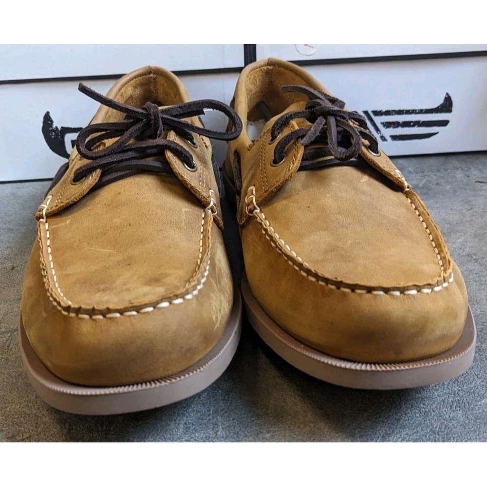 Canoos 2.0 Golf Shoes Mens 9 Henley Tan Leather Boat Shoe Loafers Rubber Cleats - Picture 3 of 6